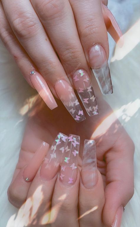 Got these from an inspo post on here I saved. Now they can be someone else’s inspo! Marble pink w/ gems, clear nail w/ butterflies. Love them💅🏽😊 Ombre Nail Designs, Marble Nails, Clear Nails, Pink Marble, Best Acrylic Nails, Nail Inspo, Acrylic Nails, Nail Designs, Nail Art