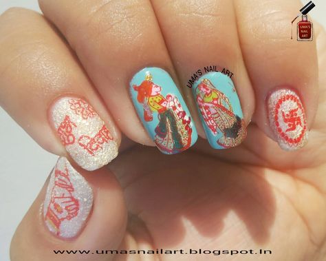 Indian Nail Art Wedding, Dulha Dulhan Nail Art, Nail Art For Wedding Indian Brides, Bride Nail Art Designs, Wedding Nail Art Design For Bride, Indian Wedding Nail Art Designs, Bridal Nail Art Indian, Indian Wedding Nails, Vintage Wedding Nails