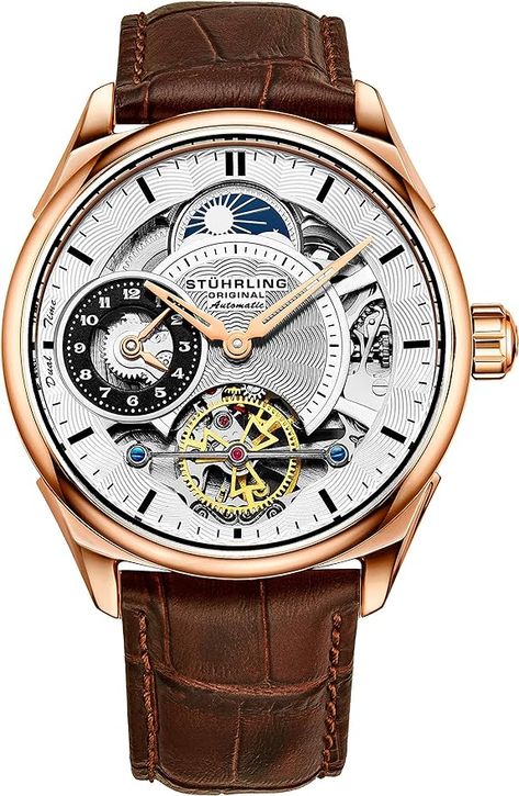 Amazon.com: Stuhrling Mens Automatic Dress Watch Stainless Steel with Automatic Skeleton Mechanical Movement with Duel Time Sub-Dial and AM/PM Indicator and Adjustable Stainless Steel Link Bracelet (Rose Brown) : Clothing, Shoes & Jewelry Brown Leather Strap Watch, Brown Leather Strap, Luxury Watches For Men, Leather Silver, Beautiful Watches, Watch Collection, Mechanical Watch, Thom Browne, Automatic Watch