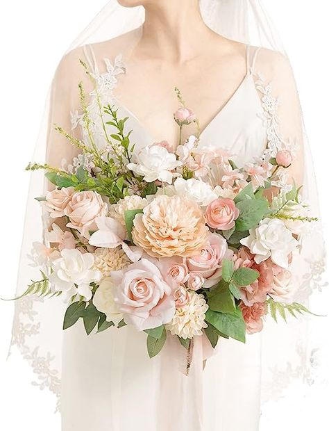 Ling's Moment 15 Inch Blush Artificial Flowers Bridal Bouquet, Wedding Bouquets for Bride, for Wedding Ceremony and Anniversary.  Blush Blush Garden Wedding, Blush Peony Bouquet, Vendela Rose, Cream Dahlia, Cream Bridal Bouquet, Artificial Flower Wedding Bouquets, Bride Bouquets White, Avalanche Rose, Cream Peony