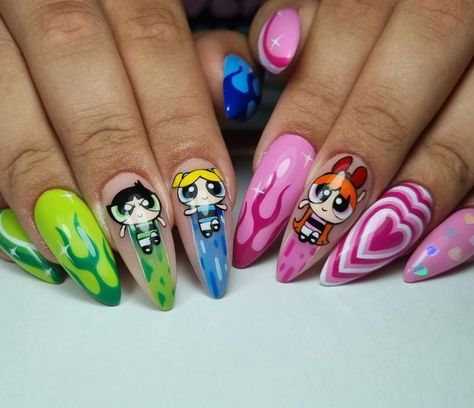 Super Cute Powerpuff girls Inspired nails. Character Nails, Oval Nails Designs, Disney Acrylic Nails, Girls Nail Designs, Power Puff Girls, Nails Colorful, Nail Art Designs Images, Purple Acrylic Nails, Nails Fun