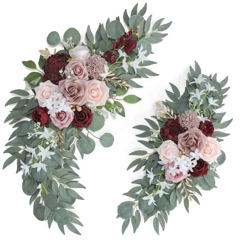 PRICES MAY VARY. Package Including: Burgundy Wedding Flowers Ornament x2 + Cable Tie x4 + Metal Clip x4, (Bigger corner flower 32.5X 14.8'', Smaller corner flower 20 X 10.8'', Clips 2.2'', Zip Straps 11.8 '') High-Quality Materials: Our wedding arch flowers are made of high-quality silk and simulated green plants, they never wilt and look not only beautiful but very lifelike. Beautiful Floral kit of flowers：Our artificial arch flowers are designed with a variety of elements for a rich sense of c Burgundy Green And Tan Wedding, Cheap Wedding Table Centerpieces Simple, Country Burgundy Wedding, Burgundy And Dusty Rose Wedding Decor, Plum And Blush Wedding, Burgundy And Sage Green Wedding, Sage Green And Burgundy Wedding, Burgundy Theme Wedding, June Wedding Colors Schemes