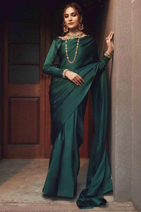 Outfit Type: Eastern  Style: Saree  Package Includes: 3 Piece - Top & Saree  Fabric: Shamose Silk  Color Type: Green  Work Technique: Embellished  Best worn in: All Season  Description: MOONLIGHT BLOUSE AND PLAIN SHAMOOZ SAREE WITH MOONLIGHT BORDERS  Disclaimer: Actual product color may vary slightly from the image. Forest Green Saree, Bottle Green Silk Saree, Bottle Green Saree, Green Silk Saree, Draped Saree, Kurta Set For Women, Machine Work, Plain Saree, Saree Designs Party Wear