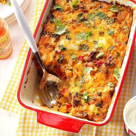 Chorizo Egg Casserole Recipe -Growing up on chorizo and egg burritos, I decided it was time for a remake. In the morning when I make coffee, I pop this in the oven and an hour later, breakfast is ready!—Relina Shirley, Reno, Nevada Chorizo Breakfast Bake, Breakfast Casserole Chorizo, Chorizo Breakfast Casserole, Egg Burritos, Chorizo Breakfast, Chorizo And Eggs, Mexican Casserole Recipe, Chorizo Recipes, Mexican Breakfast