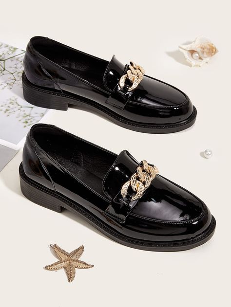 Black Fashionable Collar   Plain Loafers Embellished   Women Shoes Black Formal Shoes, Dress With Flats, Outfit Female, Formal Bag, Formal Heels, Shoes Heels Classy, Chain Decor, Black Flats Shoes, Shoes Outfit Fashion