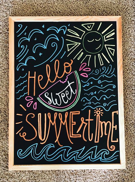 Patio Chalkboard Signs, May Blackboard Ideas, Summer Sandwich Board Sign, Vacation Chalkboard Art, Store Chalkboard Sign Ideas Summer, Pool Chalkboard Art, Chalkboard Marker Art Ideas, End Of Summer Chalkboard Art, Colorful Chalkboard Art