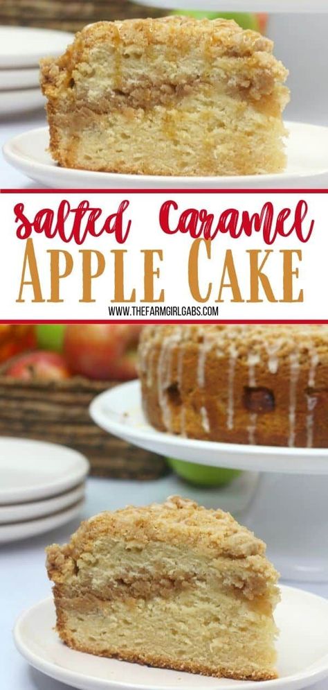 Salted Caramel Apple Cake is moist, fluffy and loaded with fresh sweet apples. It is then drizzled with a decadent salted caramel glaze. This apple cake recipe is a winner! #applecake #applecrumbcake #saltedcaramel #appledessert Salted Caramel Apple Cake Recipe, Salted Caramel Glaze, Caramel Apple Cake Recipe, Apple Pie Desserts, Apple Crumb Cakes, Crumb Cake Recipe, Sweet Apples, Best Cake Ever, Apple Cake Recipe