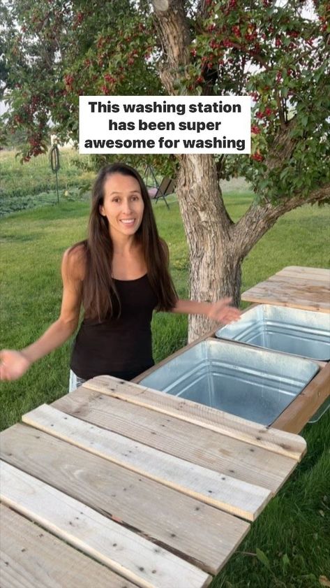 459K views · 11 reactions | Check out our full farmers market prep video on our YouTube channel search Montana Mid Valley Farm. This washing station has been the best gardening gift we’ve given ourselves this season. We use it all of the time to wash, sort, and group produce for the farmers market and when we harvest food for our kitchen. It was made out of pallets and scrap 2X4s with a couple of wash tubs and drain plugs to complete the table. In the winter it will double as a garage bench by placing a piece of plywood over the sinks, so it’s pretty versatile. We love this addition to our gardening harvest tool kit! #garden #gardening #veggies #wash #farmersmarket | Montana Mid Valley Farm | montanamidvalleyfarm · Original audio Garage Bench, Gardening Veggies, Harvest Food, Washing Station, Mary Margaret, Hot Tub Garden, Wild Garden, Wash Tubs, Harvest Recipes