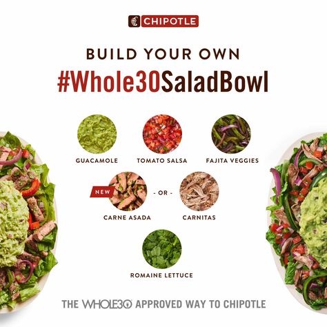 Whole 30 Chipotle, Whole30 Salad, Chipotle Order, Chipotle Bowl, Easy Whole 30 Recipes, Whole 30 Diet, Gluten Free Restaurants, Food Spot, Steamed Vegetables