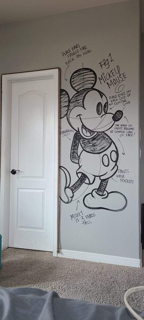 Disney Room Design, Disney Picture Wall Ideas, Mickey Mouse Themed Bedroom, Mickey Mouse Wall Mural, Subtle Disney Room Decor, Disney Wall Murals Paint, Aesthetic Disney Bedroom, Mickey Room Decor, Disney Inspired Living Room