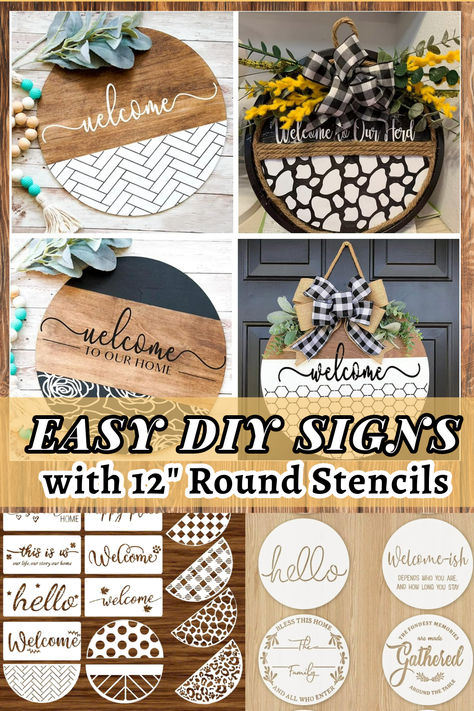 Create stunning round signs for home decor with these easy to use stencils. Make one for every season or celebration, for everyday decor, or to infuse your home with farmhouse style. These are so easy to use for 12" rounds. farmhouse stencils, diy stencil signs, round sign stencils, round sign home decor, farmhouse sign ideas, round sign ideas, diy round signs, welcome sign ideas, farmhouse signs, front door signs, seasonal signs. Round Wood Diy Projects, Door Signs Diy Entrance, Round Welcome Door Signs Diy, Front Door Wood Signs Diy, Round Front Door Sign Diy, Seasonal Welcome Sign Diy, How To Make A Wooden Sign Diy, 12 Inch Round Wood Sign Diy, Diy Wood Round Sign