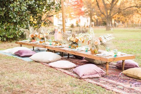 Low Tables With Pillows, Diy Low Picnic Table Outdoor Dining, Diy Picnic Table Low, Low Table With Pillows, Low Table Diy, Dining Designs, Future Farmhouse, Bohemian Elopement, Elopement Styled Shoot