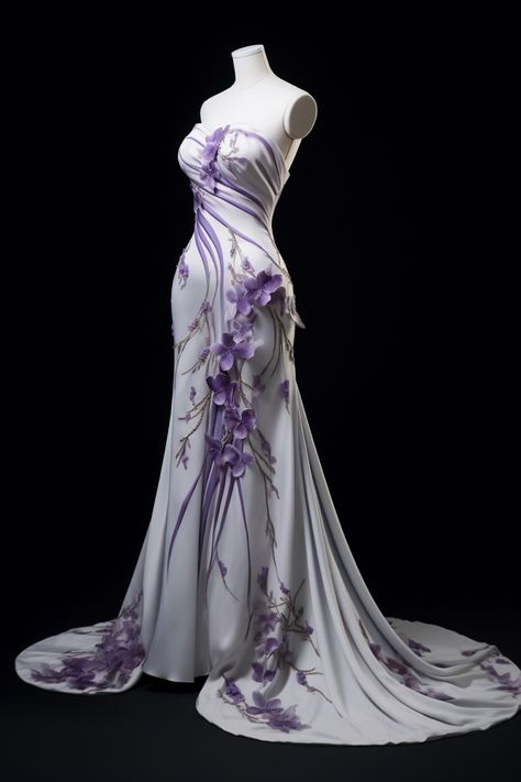 Lavender flower inspired gown Lavender Flower Dress, Fantasy Clothes, Lavender Dress, Lavender Flower, Lavender Dresses, Fashion Design Drawings, Fantasy Dress, Flower Dress, Beautiful Clothes