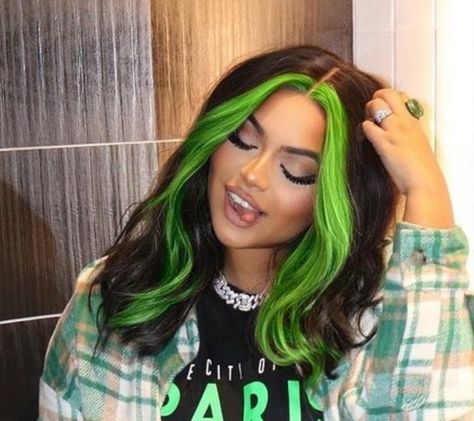 Black Hair With Green Front Pieces, Neon Green Roots Black Hair, Green Tip Hair, Black With Green Hair, Neon Green Money Piece Hair, Brown And Neon Green Hair, Green Halo Hair, Brown Hair With Green Highlights, Green Money Piece Hair