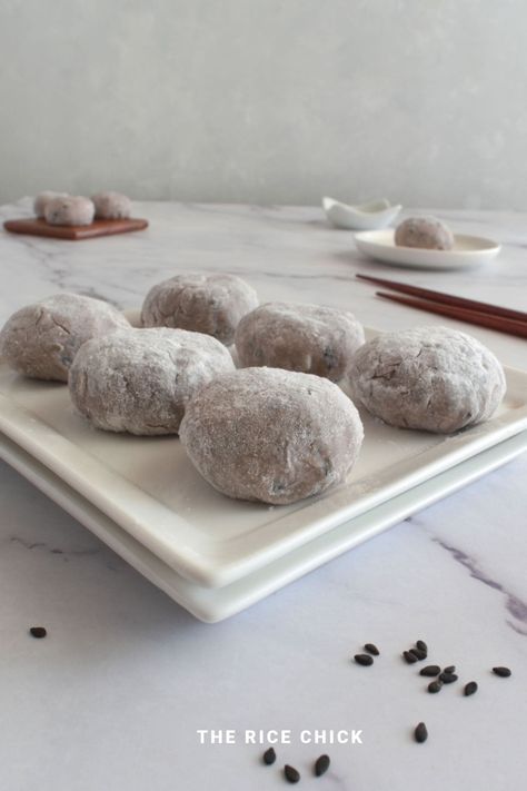 Black Sesame Mochi - The Rice Chick Japanese Mochi Recipe, Black Sesame Mochi, Black Sesame Dessert, Sesame Mochi, What Is Mochi, Mochiko Flour, Black Sesame Paste, Mochi Recipe, Japanese Treats