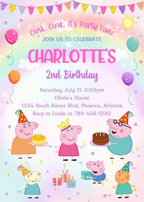 This is an editable Canva digital invitation. The template will be available for download after purchaseHOW IT WORKS1. Add this listing to your cart OR click "buy now"2. Checkout3. Once payment is confirmed, download the PDF file containing link to y... Peppa Pig Invitation Template Free, Pig Birthday Theme, Peppa Pig Invitation, Peppa Pig Invitations, Peppa Pig Birthday Invitations, Sleepover Invitations, Pig Birthday Party, Peppa Pig Birthday Party, Pig Cake