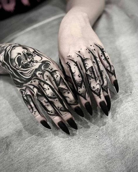 70+ unique and striking finger tattoo designs: symbols, hennas, roses, snakes, dots, lettering, hearts, and wedding rings for couples. Bonus: tattoo meanings. Dark Tattoo Designs, The Dark Feminine, Gotik Tattoo, Dark Feminine Tattoos, Satanic Tattoos, Full Hand Tattoo, Feminine Skull Tattoos, Feminine Tattoo Sleeves, Knuckle Tattoos