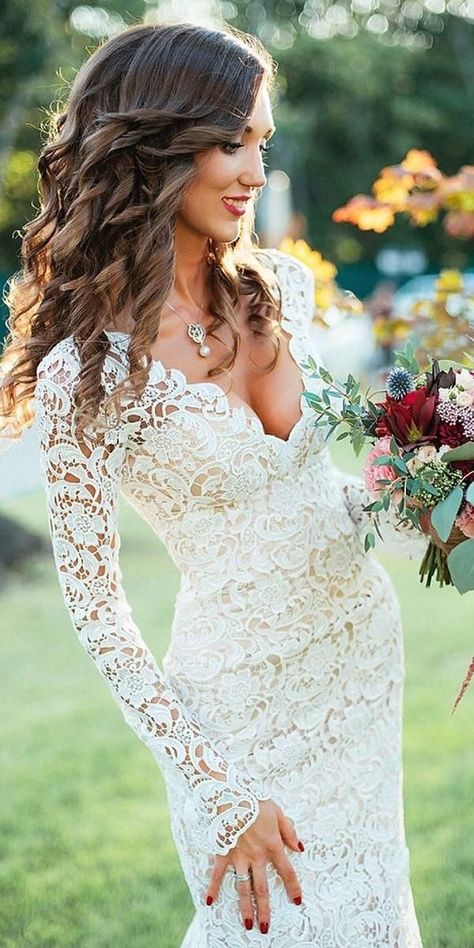 Lace Vow Renewal Dress, Long Sleeve Mermaid Dress Wedding, Elopement Lace Wedding Dresses, Deep Plunge Long Sleeve Wedding Dress, Ball Gown Mermaid Dress, Long Sleeve Sheath Lace Wedding Dress, Rustic Boho Wedding Dress Simple, Simple Cowgirl Wedding Dress, Long Sleeve Wedding Dress Trumpet