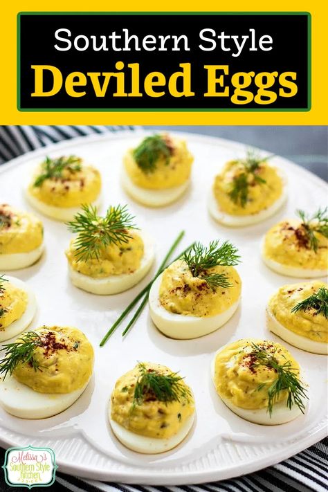 These Southern Deviled Eggs make the perfect two-bite appetizer or potluck side dish that won't break the bank #deviledeggs #eggs #eggrecipes #southerndeviledeggs #appetizers #bbqfood #southernfood #southernappetizers #sidedishrecipes #holidaysides #holidayrecipes via @melissasssk Southern Deviled Eggs, Deviled Eggs Recipe Easy, Devilled Eggs Recipe Best, Deviled Eggs Recipe Classic, Recipes Southern, Potluck Side Dishes, Best Deviled Eggs, Deviled Eggs Easy, Bacon Deviled Eggs