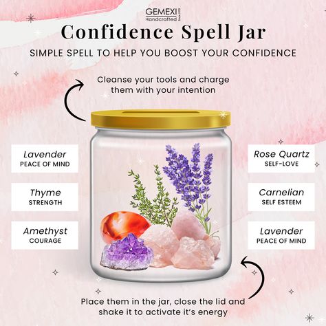 Confidence Spell Jar: Simple spell to help you boost your confidence.🏺 • Cleanse your tools and charge them with your intention.🥰 • Place them in the jar, close the lid and shake it to activate its energy💞 Have you ever tried this? Tell us in the comment section. #gemstone #lavender #thyme #amethyst #rosequartz #carnelian #jewelry #gemstones #gemstonejewelry #crystals #handmade #jewellery #handmadejewelry #crystalhealing #healingcrystals #crystallove #jewelryaddict #finejewelry #gemexi Confident Spell Jar, Confidence Jar Spell, Spells With Lavender, Spell Jar For Confidence, Lavender Spell Jar, Confidence Spell Jar Recipe, Amethyst Spells, Self Confidence Spell Jar, Simple Jar Spells