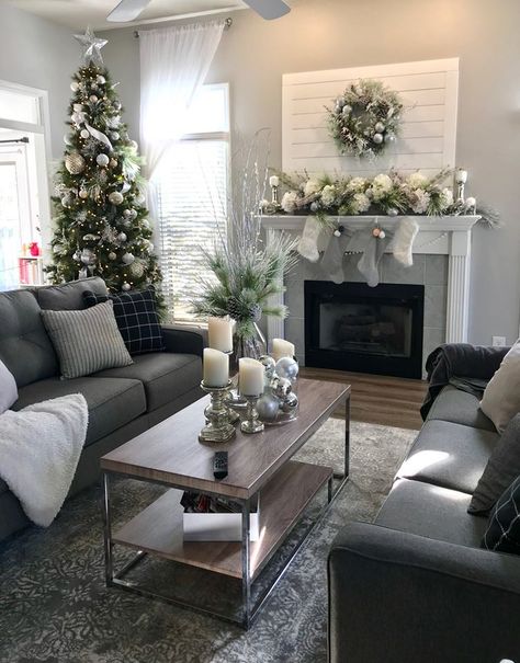 Fireplace Shiplap Living Room with Christmas Tree Christmas Tree Grey Living Room, Christmas Tree For Grey Living Room, White Silver And Green Christmas Tree, Christmas Tree For Gray Living Room, Christmas Tree By Fireplace Living Rooms, Grey Living Room Christmas Decor, Christmas Decor For Grey Living Room, Living Room Layout With Christmas Tree, Living Room With Christmas Tree