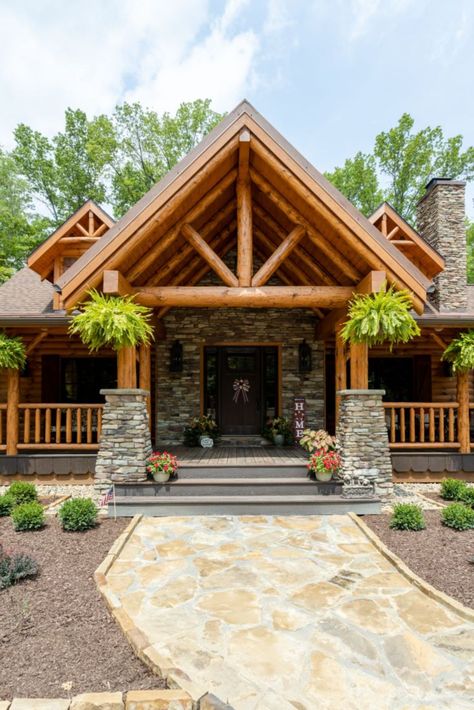 Log Cabin Porch, Log Cabin Kitchens, Log Homes Exterior, Log Cabin Exterior, Log Home Builders, Modern Log Cabin, Modern Log Cabins, Entry Door Designs, Stone Cabin