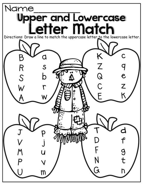 Ela Preschool Activities, Scarecrow Worksheets Kindergarten, Scarecrow Worksheets Preschool, Matching Upper And Lower Case Letters, Upper And Lower Case Letter Matching, Fall Preschool Worksheets, Fall Math Activities, Fall Worksheets, Worksheet Preschool