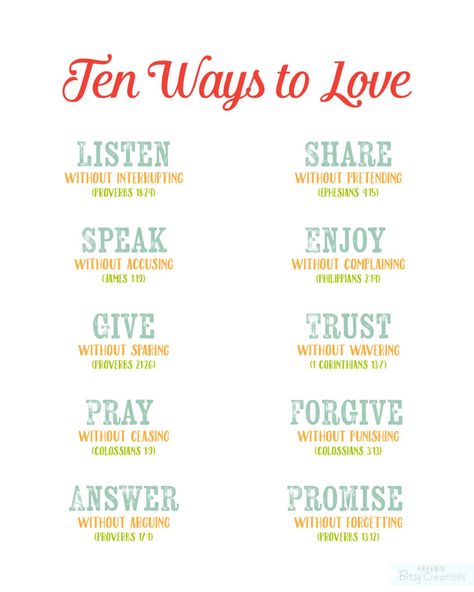 Ten Ways to Love - Free printable from BitsyCreations - Scripture Art - Quote Art - Christian - Bible Verses Inspirational Images Pictures, Scripture Games, 10 Ways To Love, Verses For Kids, Bible Cards, Family Bible Study, Bible Teaching, African American Hair, Family Bible