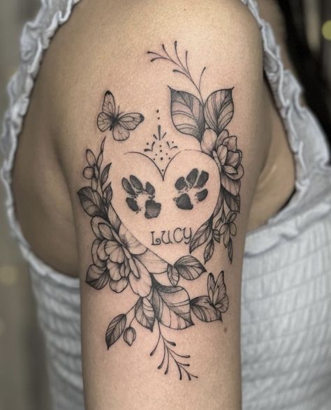 Paw Print And Floral Tattoo, Pet Tattoos Dog Memorial Flowers, Pawprint Tattoo With Flowers, Flower And Paw Print Tattoo, Pet Memory Tattoos, Paw Print Tattoo With Flowers, Dog Paw Tattoo Ideas, Bailey Tattoo, Memorial Tattoo Designs