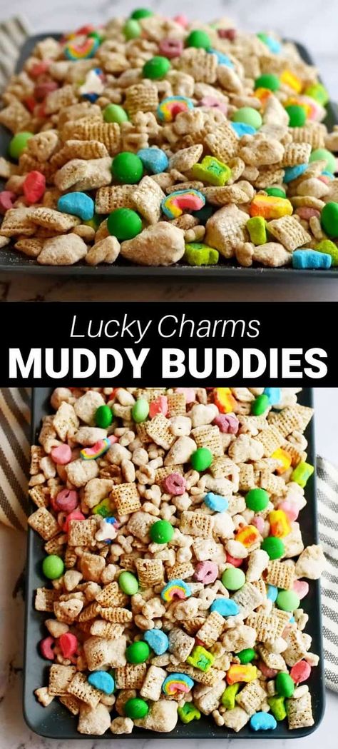 St Patricks Snacks, Holiday Dessert Drinks, Amazing Easy Recipes, St Patrick Day Snacks, Chex Mix Christmas, Muddy Buddies Recipe, Lucky Charms Marshmallows, Rainbow Treats, Lucky Charms Cereal