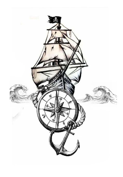 Compass Ink Drawing, Ship And Compass Tattoo Design, Anchor Ship Tattoo, Compass Ship Tattoo, Anchor And Compass Tattoo For Men, Drawing Pirate Ship, Pirates Ship Tattoo, Ship Anchor Drawing, Pirate Ships Drawings