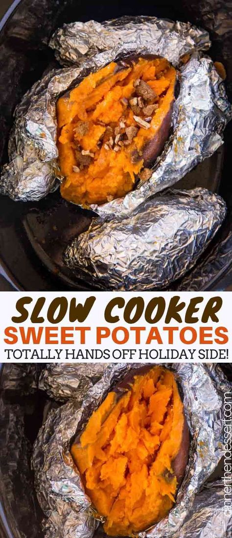 Slow Cooker Baked Sweet Potatoes are a perfect, easy, holiday side dish your guests will love and it only takes a minute of prep work! | #sweetpotatoes #slowcooker #crockpot #thanksgiving #christmas #dinnerthendessert #side #sidedish #holidayrecipes Crockpot Thanksgiving, Crock Pot Sweet Potatoes, Sweet Potato Dinner, Easy Holiday Side Dishes, Slow Cooker Sweet Potatoes, Slow Cooker Baking, Crock Pot Potatoes, Baked Sweet Potatoes, Holiday Side Dish