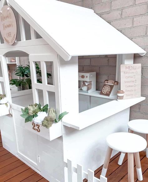 Cubby House Ideas Interior, Cubby Makeover, Kids Wooden House, Playhouse Remodel, Kmart Cubby, House Ideas Interior, Outdoor Playhouse Ideas, Cubby House Ideas, Cubby Ideas