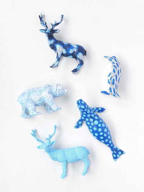 Painted Arctic Animals ⋆ Handmade Charlotte Dollar Store Toys, Plastic Animal Crafts Diy, Painted Plastic Animals, Folk Art Acrylic Paint, Plastic Animal Crafts, Winter Animal Crafts, Animal Ornaments, Handmade Charlotte, Diy Craft Tutorials