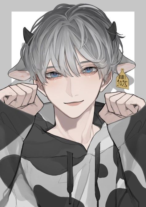 Silver Haired Anime Guy, Hybrid Fanart, Cow Hybrid, Human Cow, Anime Cow, Costume Horns, Male Ocs, Male References, Cow Cute