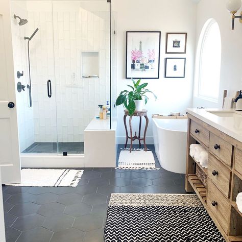 Shower In Front Of Bath, Small Master Bath With Free Standing Tub, Townhouse Master Bath Remodel, Funky Master Bath, Magnolia Master Bath, Master Shower And Bath, Master Bath New Construction, Affordable Master Bath Remodel, Eclectic Master Bath Ideas