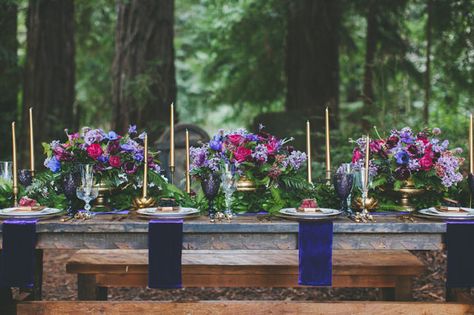 gold candles Indigo Wedding, Fall Wedding Trends, Blue Purple Wedding, Jewel Tone Color Palette, Jewel Tone Wedding, Fall Wedding Centerpieces, Dinner Decoration, Fall Wedding Flowers, Wedding Centerpieces Diy