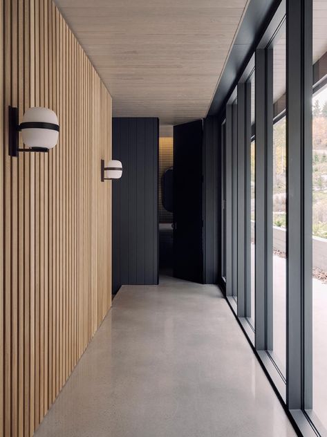 Timber Slats, Wood Slat Wall, Small Basements, Modern Hallway, Black Windows, Timber Cladding, Polished Concrete, Slat Wall, Black Exterior