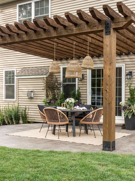 Backyard Dining Area, Backyard Dining, Pergola Diy, Patio Pergola, Stamped Concrete Patio, Patio Inspiration, Outdoor Kitchen Patio, Backyard Pergola, Patio Furniture Ideas