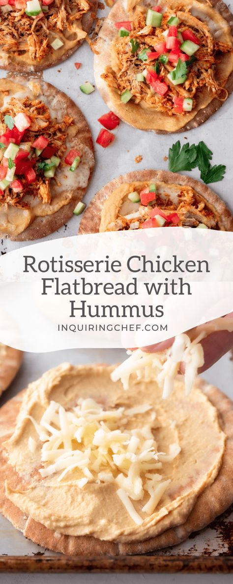 Rotisserie Chicken Flatbread is fast, easy, and prepared on a single sheet pan. With hummus, melted cheese, and fresh toppings, this delicious meal is a weeknight dinner star. Flatbread Pizza Recipes, Star Pizza, Hummus And Pita, Chicken Flatbread, Chicken Pita, Tzatziki Recipes, Easy Chicken Parmesan, Plant Based Recipes Easy, Flatbread Recipes