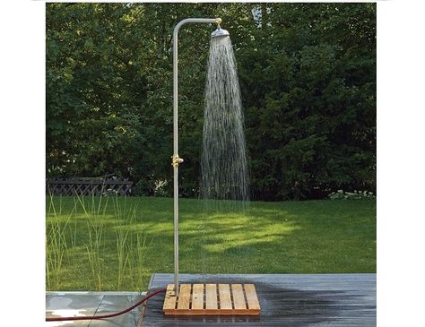 Stainless Steel Garden Shower: Gardenista                                                                                                                                                                                 More Outdoor Solar Shower, Outside Showers, Outdoor Shower Diy, Solar Shower, Pool Shower, Garden Shower, Australian Garden, Diy Shower, Diy Garden Furniture