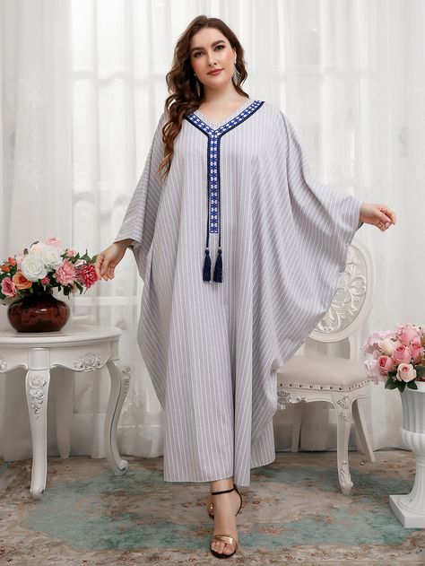 Light Grey Modest  Long Sleeve Polyester Striped Kaftan Embellished Non-Stretch  Plus Size Dresses Kaftans Dresses Modern, Kaftan Designs For Ladies, New Kaftan Designs, Women Kaftan Styles, Designer Kaftan Dresses, Unique Kaftan Designs, Latest Kaftan Styles, Latest Kaftan Designs, Kaftan Dress Modern