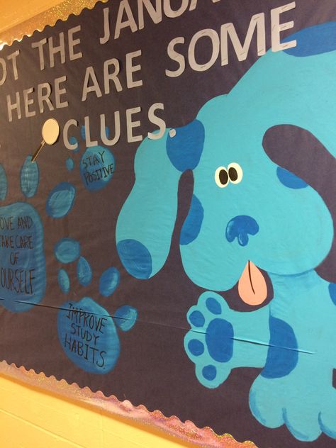 1/10/2017 RAs Biasia and Abi’s Blues Clues Bulletin Board Blues Clues Bulletin Board, Blues Clues Classroom Theme, Bluey Themed Bulletin Board, Blue Bulletin Board Ideas, Dorm Hallway, Ra Inspiration, Bulletin Boards Theme, Ra Bulletins, Ra Boards