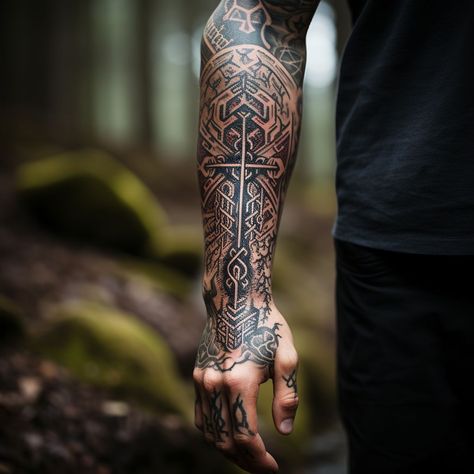 Runic Tattoo, Slavic Tattoo, Arm Tattoos Color, Viking Warrior Tattoos, Buddha Tattoo Sleeve, Tattoos Color, Viking Tattoo Symbol, Viking Tattoo Sleeve, Half Sleeve Tattoos Forearm