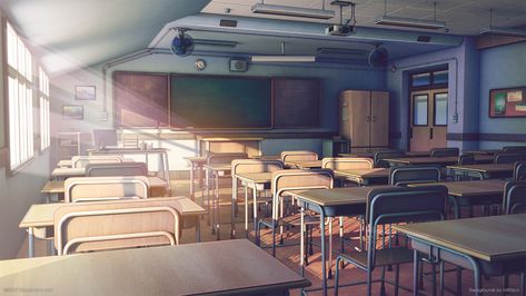 School class, Bogdan mB0sco on ArtStation at https://www.artstation.com/artwork/d338K School Lobby, Education Aesthetic, Manga School, Classroom Interior, Classroom Background, Classroom Decor High School, Anime Places, Anime Classroom, Bg Design