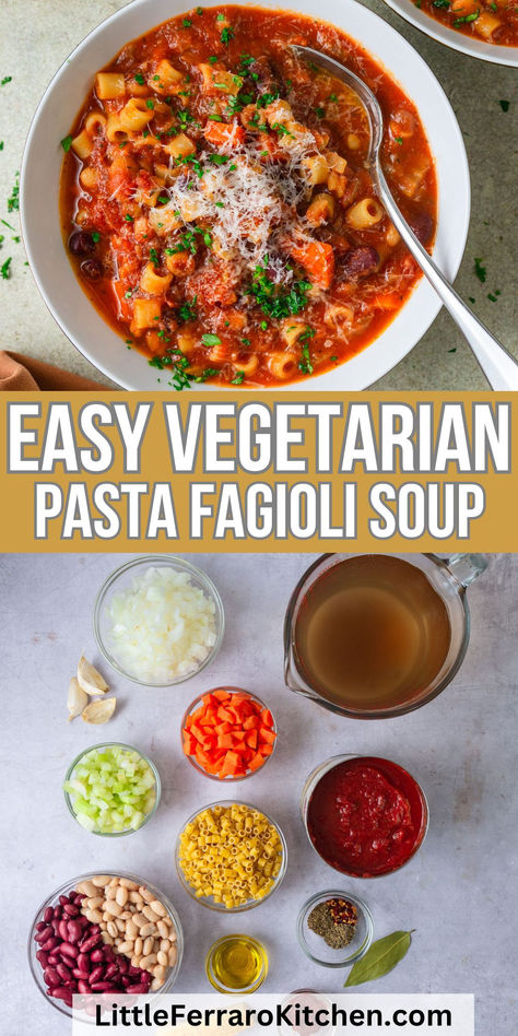 This easy vegetarian pasta fagioli recipe is hearty, filling and full of bold flavors. The hearty soup has two kinds of beans, tender pasta, sweet tomatoes and lots of fresh herbs. And my personal touch, a small chunk of Parmesan rind that slowly dissolves as the soup cooks. Pasta Fagioli Vegetarian, Vegetarian Pasta Fagioli Soup, Pasta Fagioli Recipe Vegetarian, Easy Pasta Fagioli Soup, Vegetarian Pasta Fagioli, Vegetarian Mediterranean Diet Recipes, Vegetarian Mediterranean Diet, Pasta Fagioli Crockpot, Vegetarian Mediterranean Recipes