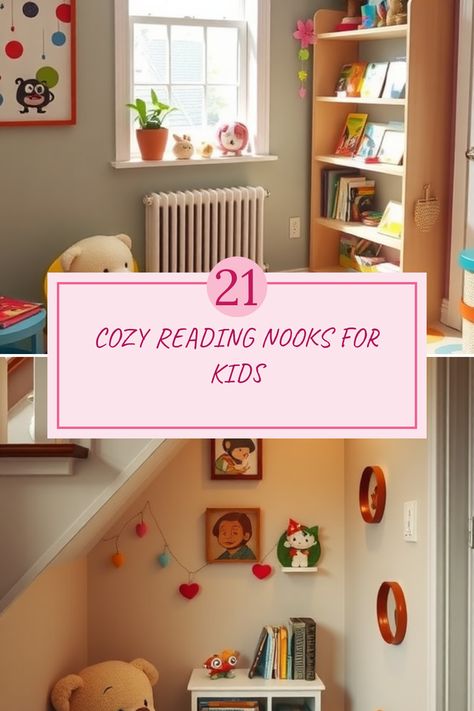 Discover cozy reading nooks for kids that inspire imagination with two beautiful images featuring a playful reading space with a colorful rug and a charming under-stairs hideaway filled with plush toys. Woodland Reading Corner, Corner Reading Nook Kids, Reading Corner Toddler Room, Reading Corner Ideas For Kids, Kid Reading Corner, Closet Reading Nook Kids, Toddler Book Nook, Kids Cozy Corner Ideas, Reading Nook Toddler