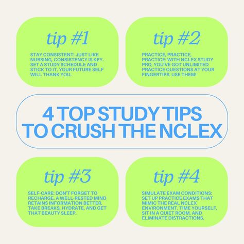 🚀 4 Tips to Crush Your Exam 🚀 Here are 4 top tips to ace your NCLEX exam: Tip #1: Stay consistent: Just like nursing, consistency is key. Set a study schedule and stick to it. Your future self will thank you. Tip #2: Practice, practice, practice: With NCLEX Study Pro, you’ve got unlimited practice questions at your fingertips. Use them! Tip #3: Self-care: Don’t forget to recharge. A well-rested mind retains information better. Take breaks, hydrate, and get that beauty sleep. Tip #4: Simu... Nclex Study Schedule, Nclex Questions, Nclex Exam, Nclex Study, Consistency Is Key, Practice Exam, Study Schedule, Study Set, Nclex