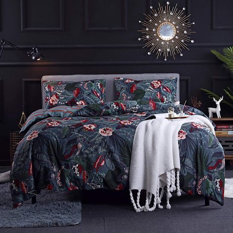 PRICES MAY VARY. ❤Microfiber Bedding - Slip into comfortable and luxury! This Dark Green Floral Duvet Cover Set is made of premium quality Microfiber. Durable and lightweight microfiber fabric for ultimate comfort; we are sure this breathable duvet cover will let you have soft and perfect sleep every night. ❤Size Information - King Size: 1 Piece Floral Bird Duvet Cover 102"x90", 2 Pieces Floral Bird Pattern Pillowcases 20"x36".NOTICE: NO duvet insert or comforter will be included in any of our d Leopard Print Bedding, Double Bedding Sets, Queen Size Comforter Sets, Queen Sized Bedroom, Queen Size Comforter, Striped Bedding, King Size Bedding Sets, Twin Bed Sets, Floral Duvet Cover