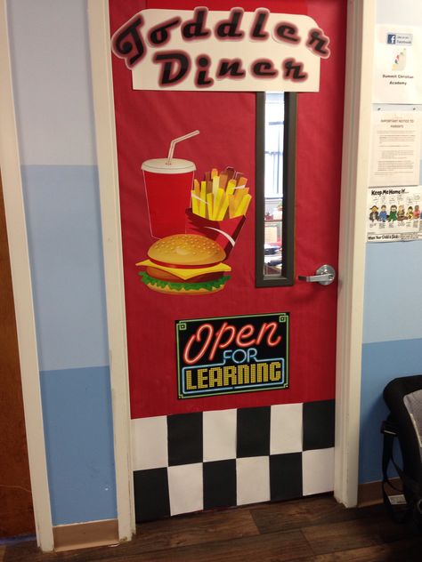 Diner Door 50s Door Decorating, Food Door Decorations Classroom, 1950s Classroom Theme, Diner Classroom Theme, Back To School Door Decorations Daycare, Cafeteria Door Decoration Ideas, 50s Theme Classroom Door, Diner Kitchen Theme, Retro Diner Sign